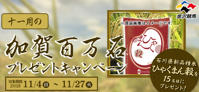 【金沢競馬】十一月の加賀百万石プレゼントキャンペーン　対象期間　2018年11月4日（日）〜11月27日（火）　石川県新品種米ひゃくまん穀を15名様にプレゼント！　※賞品画像はイメージです。
